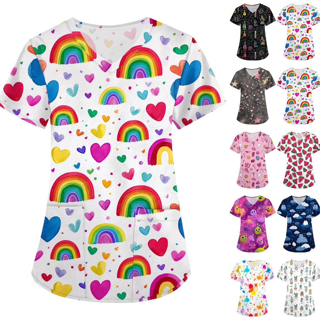 Women's Floral Print Loose V-neck Short-sleeved Uniform/ Uniform