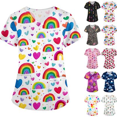 Damski luźny uniform/mundurek z dekoltem V i krótkim rękawem w kwiatowy wzór