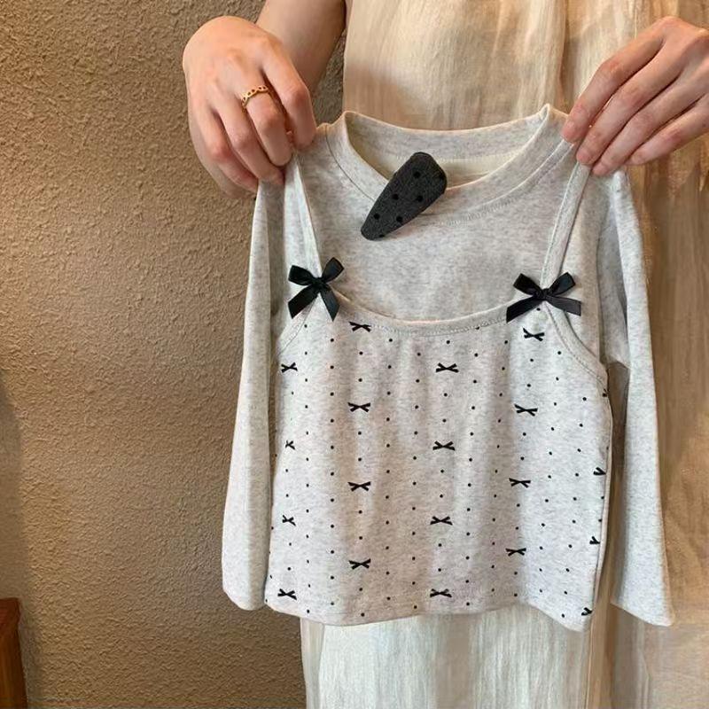 Spring Girls Bow Fake Two Piece Long Sleeve T Shirt And Flare Pants Fashionable Two Piece Set For Baby 90cm