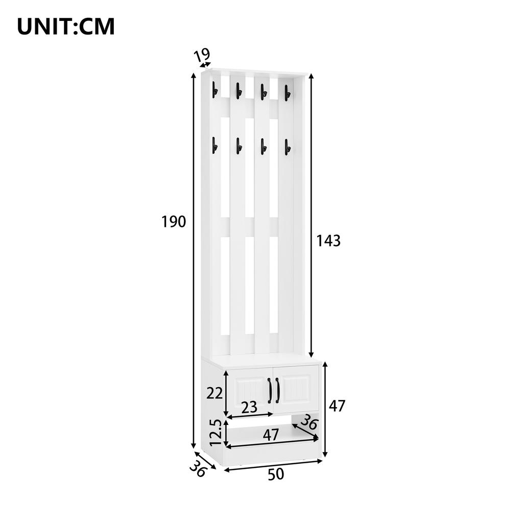 Panca portascarpe, armadietto per scarpe, mobili per corridoio, con 2 ante, con pannello posteriore con 8 ganci, bianco, L50/P36/A190cm(L×P×A)