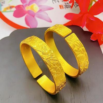Pfingstrose Doppelglück Armband Damen Breite Version Graviertes Blume Offenes Armband