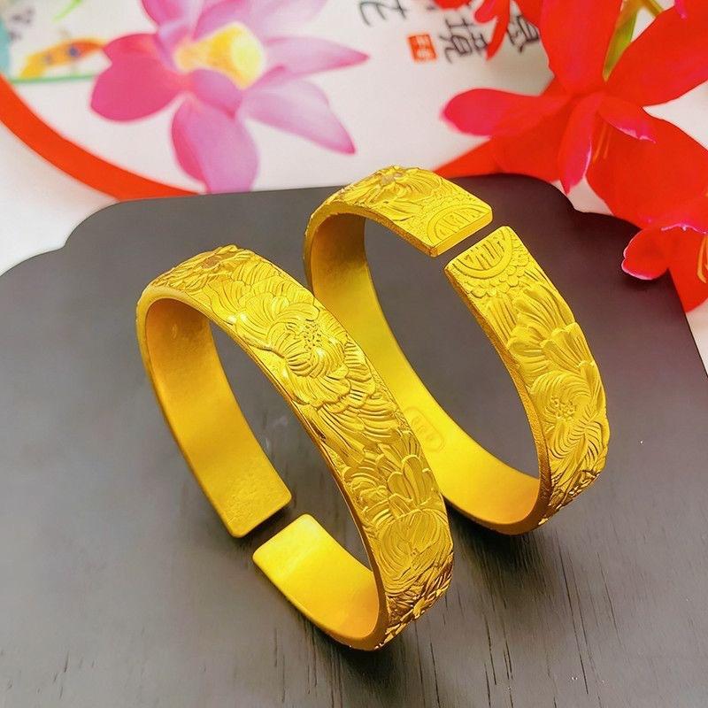 Peony Double Happiness Bracelet Women's Wide Version Engraved Flower Open Bracelet