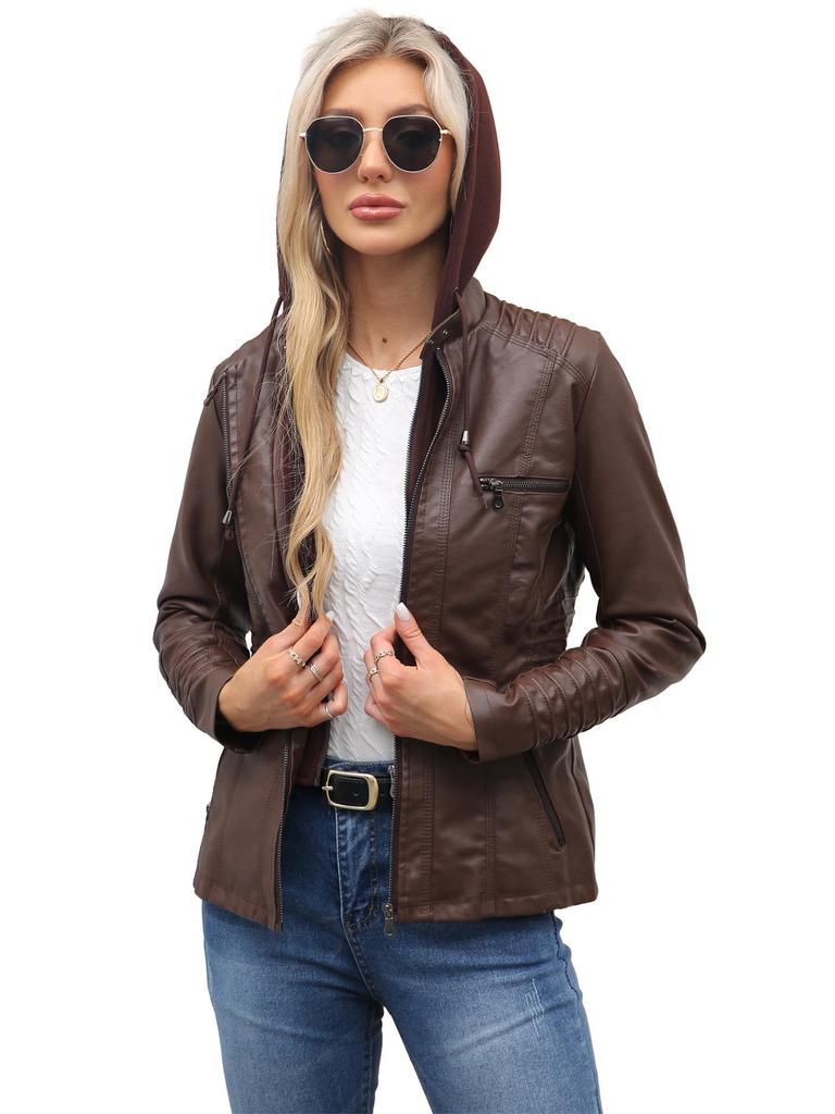 Damen Lederjacke mit Kapuze in Übergröße & Abnehmbares zweiteiliges Set für Frühling/Herbst