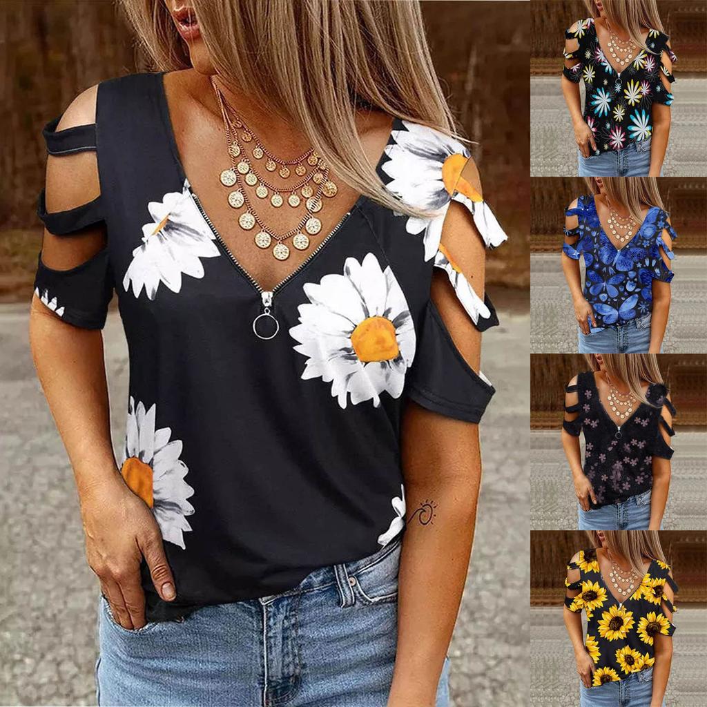 Modisches, lockeres, bedrucktes, schulterfreies, kurzärmliges Oberteil mit V-Ausschnitt und Reißverschluss für Damen