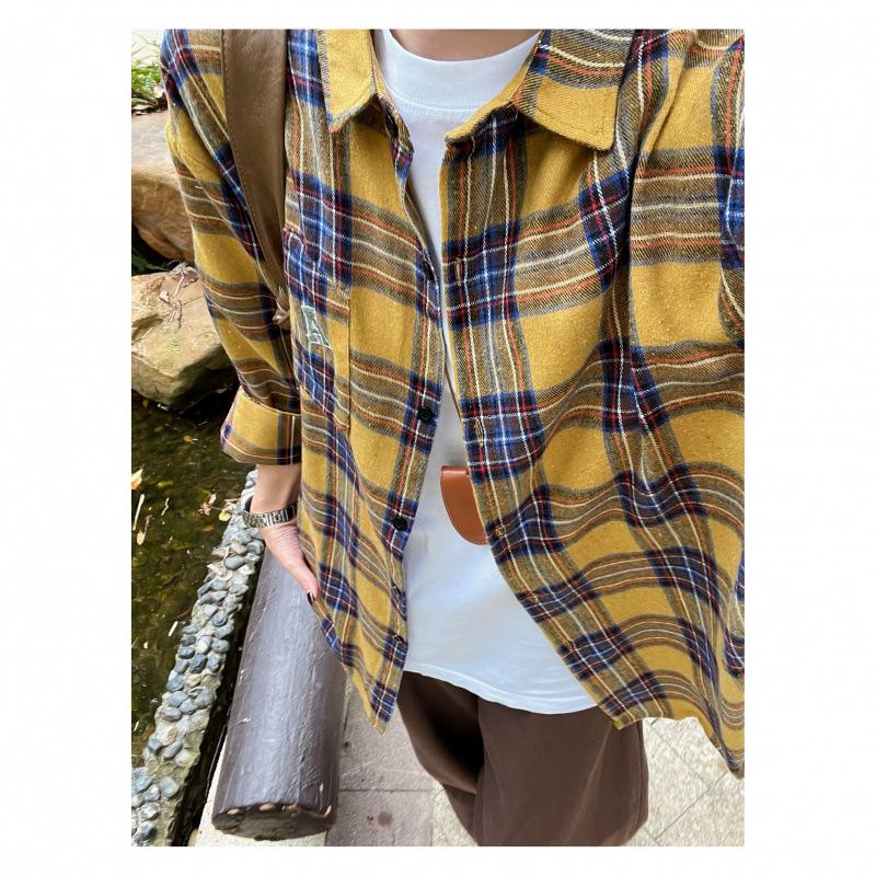 

Manjiangyue Retro Plaid Polo Collar Long Sleeve Cardigan - Women s Loose Casual Versatile Jacket L жовтий