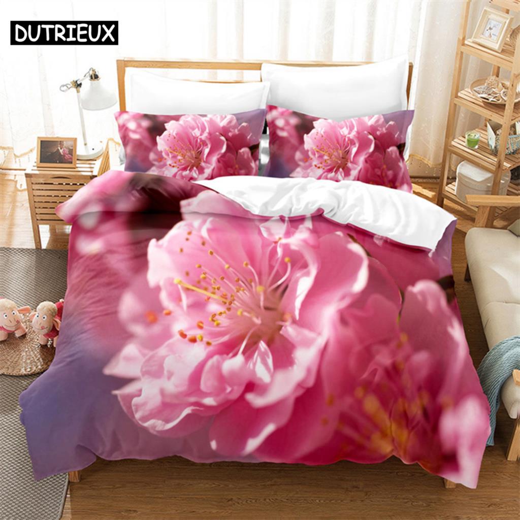 Flowers Green Leaves Queen Bedding Set Duvet Cover Bedroom Bed Set Comforter Cover Set King Size Duvet Cover Set Bedding Sets
