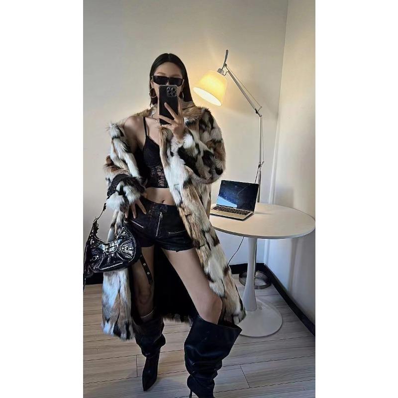 Autumn and winter clothing men's and women's imitation fur coat fashion mixed color extended lapel fur coat over the knee