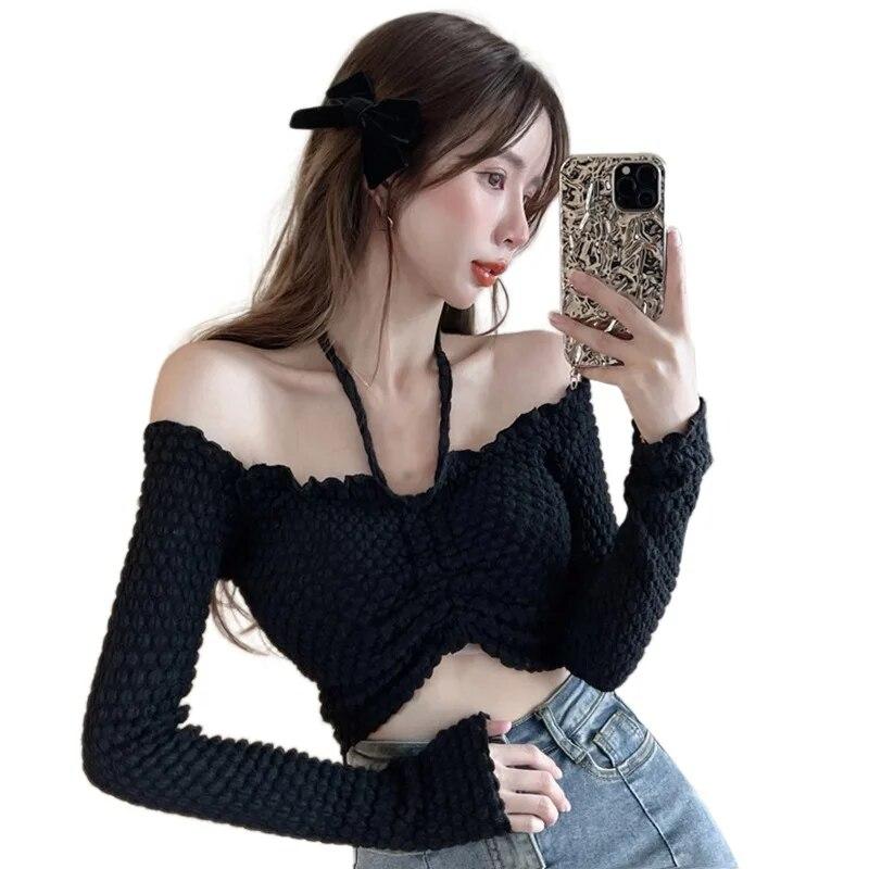 

Женский топ, однотонный, с длинным рукавом, с открытыми плечами, с воротником-халтер, повседневная футболка, футболки, тонкая блузка, топ One Size