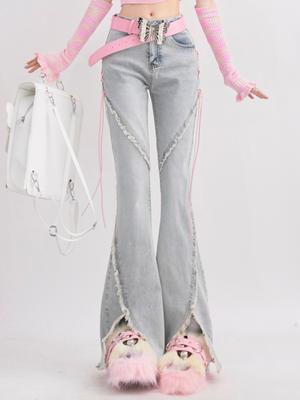 Summer Denim Vintage Sweet Pants Women Slim Lace-up Korean Casual Flare Pant Female Japanese France Elegant Open Fork Jeans New
