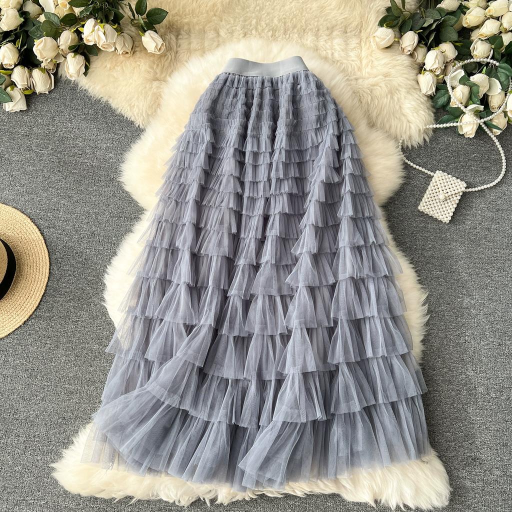 Summer Women Elegant Ruffles Mesh Elstic Waist Long Midi Cake Skirt