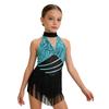 Mädchen Cha-cha Salsa Performance-Leotard: Ärmelloses Neckholder-Kleid mit Pailletten und Fransen, Netz-Taille, Schlüsselloch, Metallic-Rücken für Bühnenkostüm