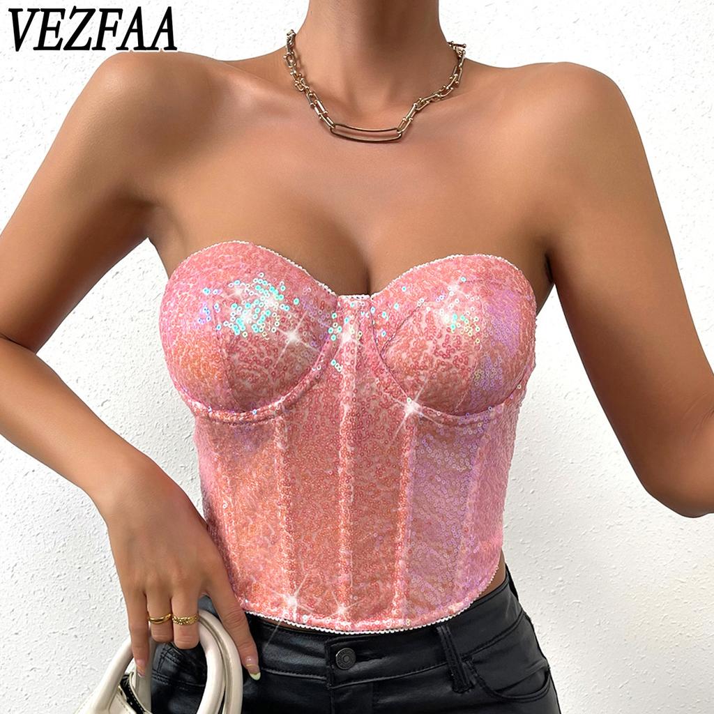 VEZFAA Women's Fashion Casual Sequins Print Tank Tops Sexy Slim T-shirts and Tops Camis & Tank Tops