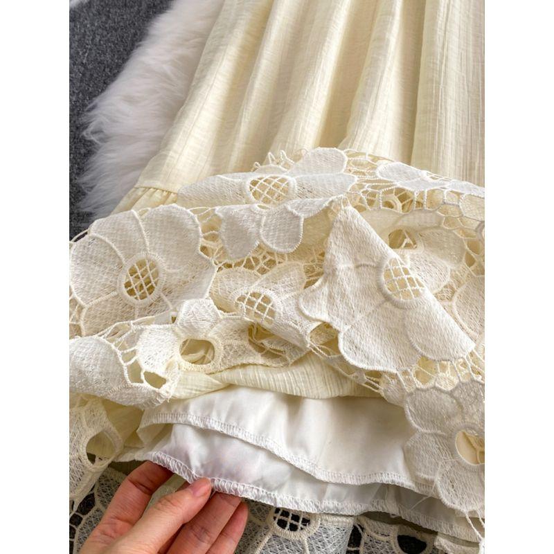 Vacation Style Long Dress Women's French Style Fancy Halterneck Skirt Summer Lace Hollow Dress Gentle A- line Skirt