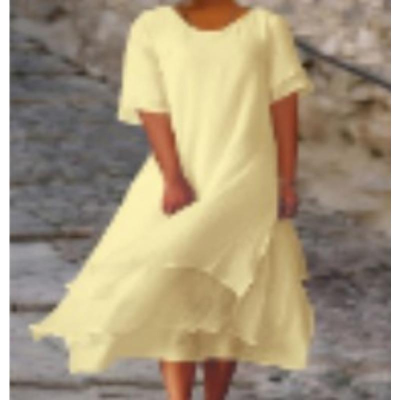 YYFS Moda Donna Estate Primavera Colore Solido Stampa Manica Corta Scollo a O Vita Larga Abiti Casual