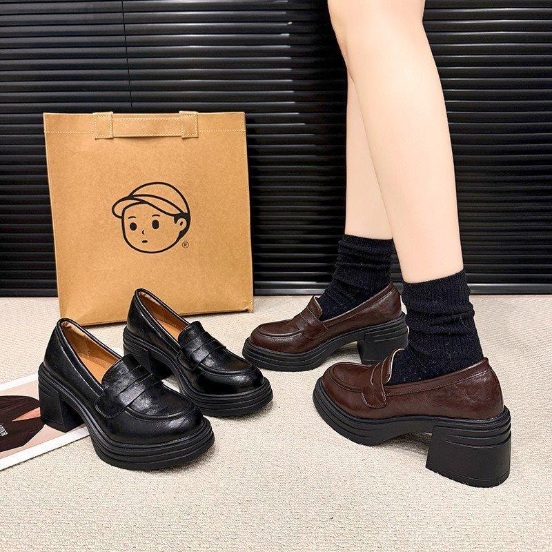 Single Shoes Women's Platform 2025 One-pedal French New Loafers Deep Mouth Round Head High Heels Thick Heel British Black