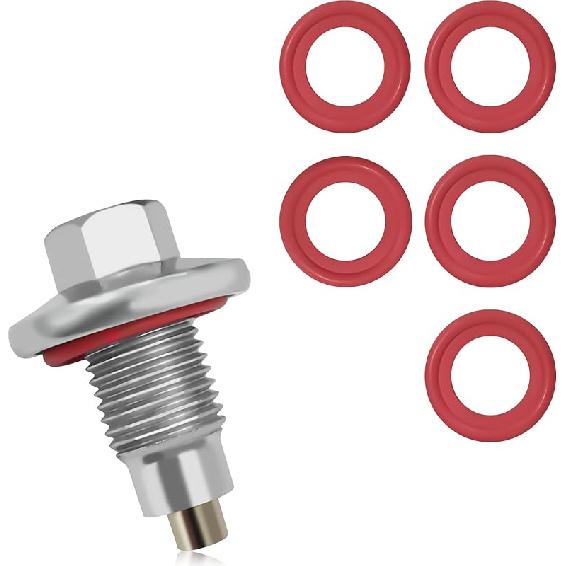 M12*1.75 Magnetic Oil Drain Plug with 5PCS Rubber Crush Washer Oil Pan Drain Plug Gasket, Stainless Steel Sump Drain Nut Bolt Anti Leakage