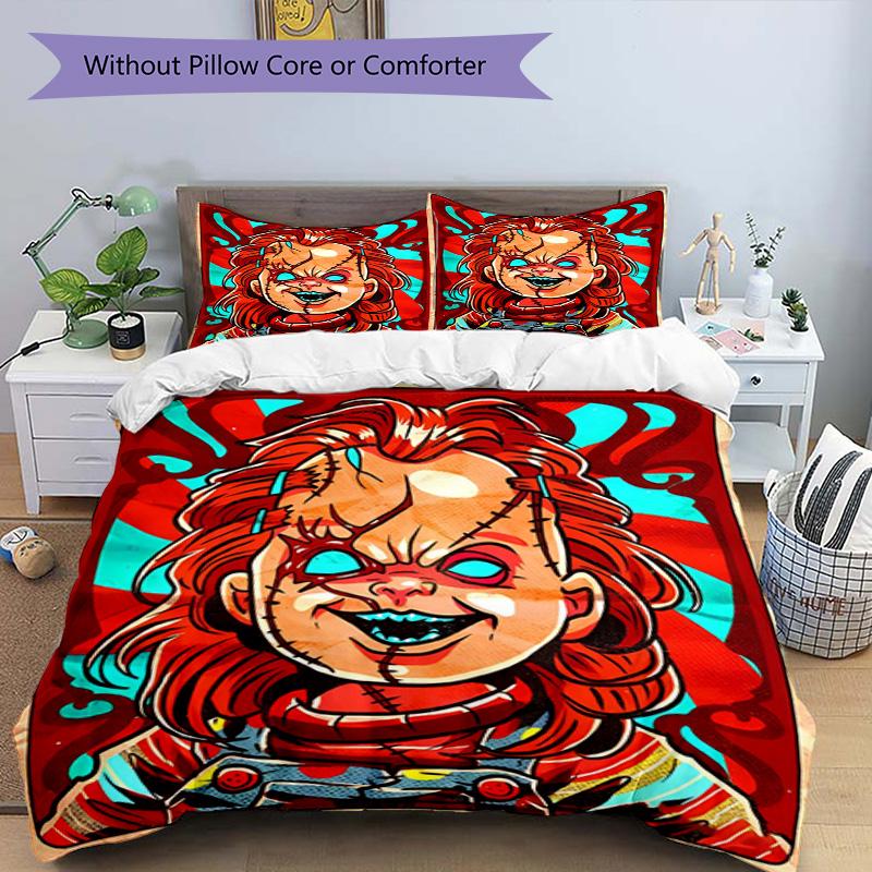 3-teiliges Bettbezug-Set (1 * Bettbezug + 2 * Kissenbezug, ohne Kern), Chucky Druck Bettwäsche Set, Schlafzimmer Dekor, Ganzjahres, Geburtstagsgeschenk