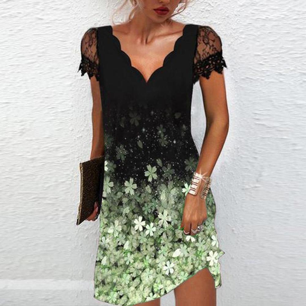 Frauen Drucken V-ausschnitt Spitze Nähte Kurzen ärmeln Kleid Sexy Mode Sommer Plus Größe Casual Kleid