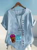 Women's Fashion Coffee Alphabet Print Casual Cotton Linen Short Sleeve Round Neck T-shirt Shirt Leisure Loose Summer Blouse Tops