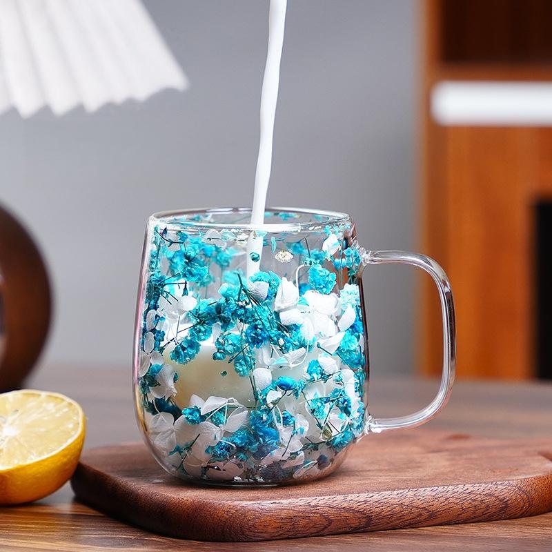 250ml Double-Walled Glass Cup with Handle High Borosilicate Reusable Coffee Mug, Built-In Floral Design for Hot & Cold Beverages