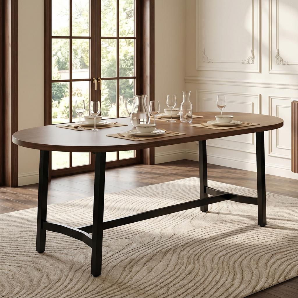Dining Table 180*80*75cm, Suitable for 6–8 People, with Rounded Corners, in Simple Style, Table Legs Made of Iron, Walnut Wood Color