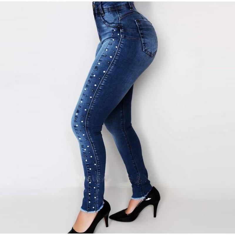 

Джинсы женские с высокой талией, узкие, обтягивающие, эластичные, джинсовые брюки, женские, винтажные, синие, с бисером, пуш-ап, узкие джинсы 2XL темно-синий