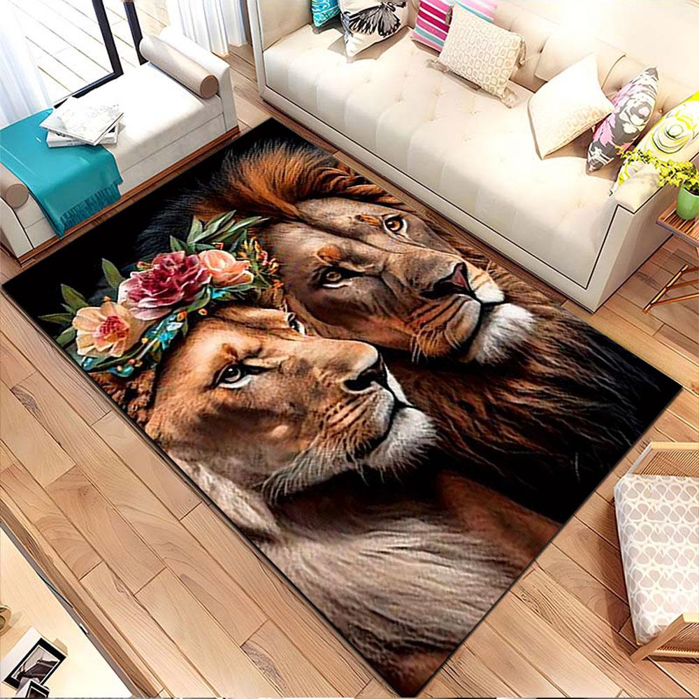 Regal Lions with Floral Crown Patterned carpet, non slip mat suitable for living room and bedroom sofas
