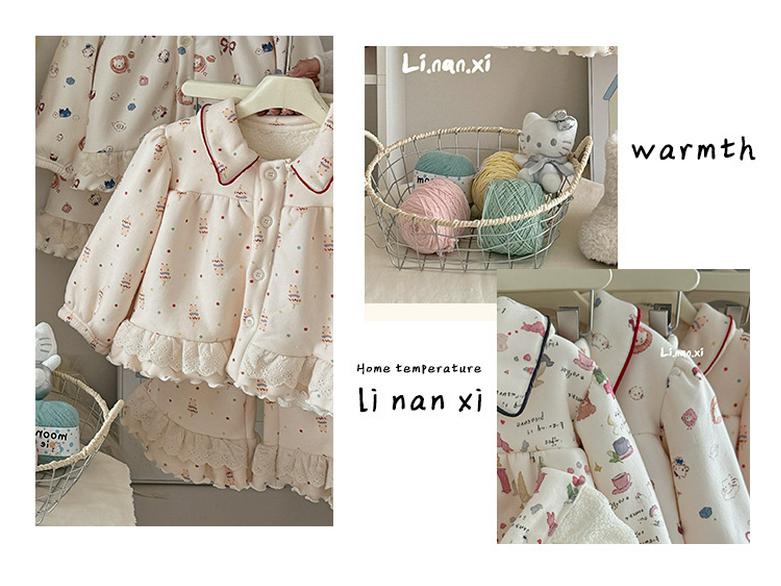 Dziewczęcy zimowy zestaw piżamowy - Podszyty polarem, Koronkowy, Wygodny, Słodki strój domowy, Nowy styl 2025