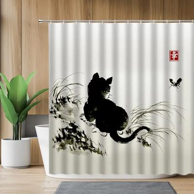Asiatischer Stil Traditionelle Japanische Tuschemalerei Duschvorhang Vintage Katze Tier Cartoon Schwarze Katze Silhouette Badezimmer Dekorativ