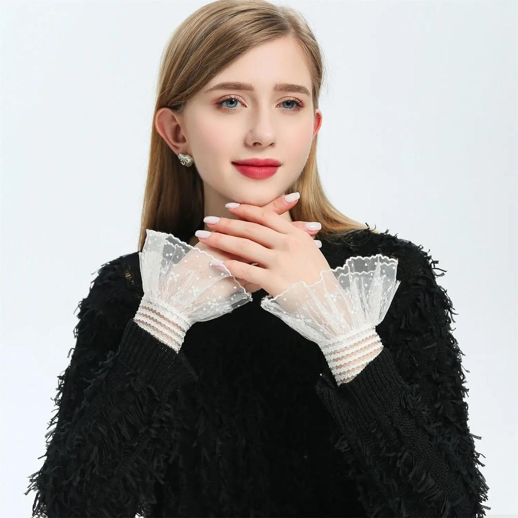 Women Lace Floral Horn Cuffs Ruffled Detachable Fake Sleeves Wedding Shirt Sweater Fake Sleeves Wrist Warmer