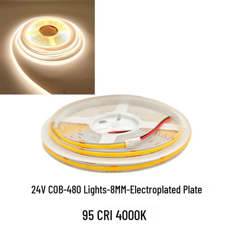 COB LED Strip Light 12V/24V, 320/480 LEDs, 8MM, 90 CRI, Self-Adhesive, Aluminum Channel.