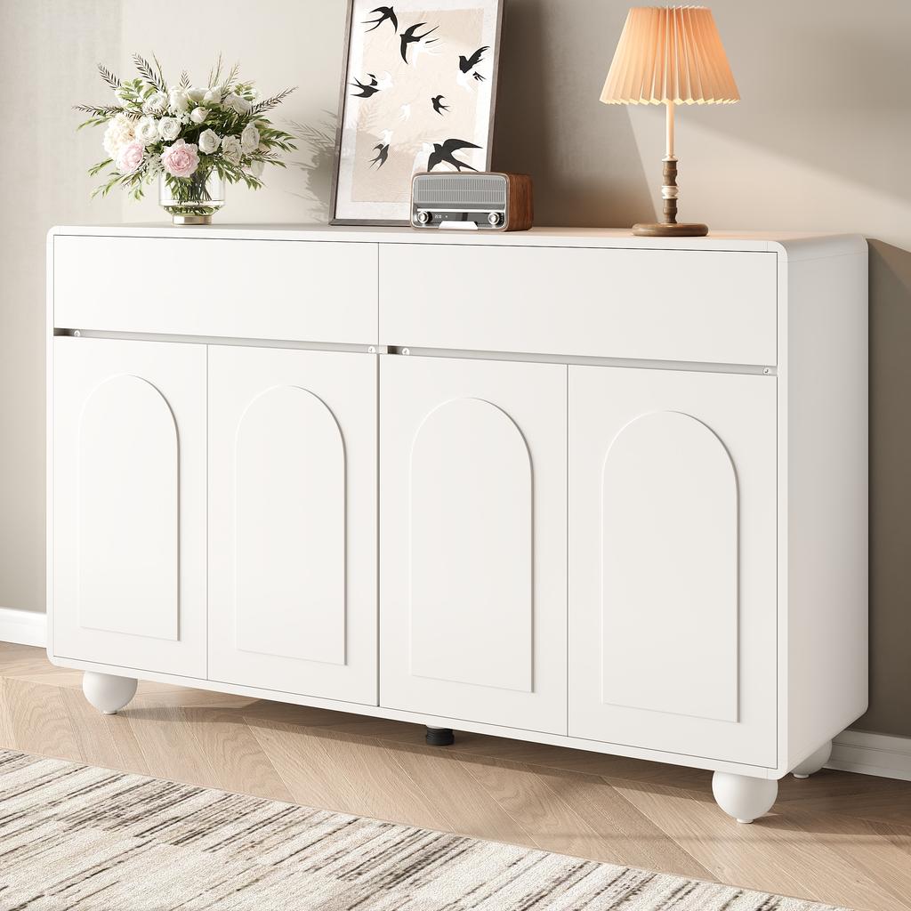Sideboard Wohnzimmer mit geschwungenen Türen, Moderner Schrank aus Spanplatte und MDF, Runde Metallfüße
