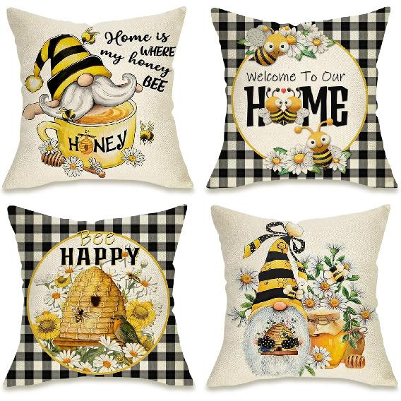 Fahrendom Spring Summer Yellow Bumble Bee Happy Gnome Decorative Throw Pillow Cover 18x18 Set of 4, Fall Black Buffalo Plaid Honey Themed Home