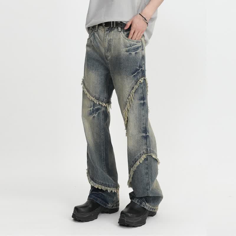 VOGUO RELAY Unisex Loose Straight Frayed Hem Jeans