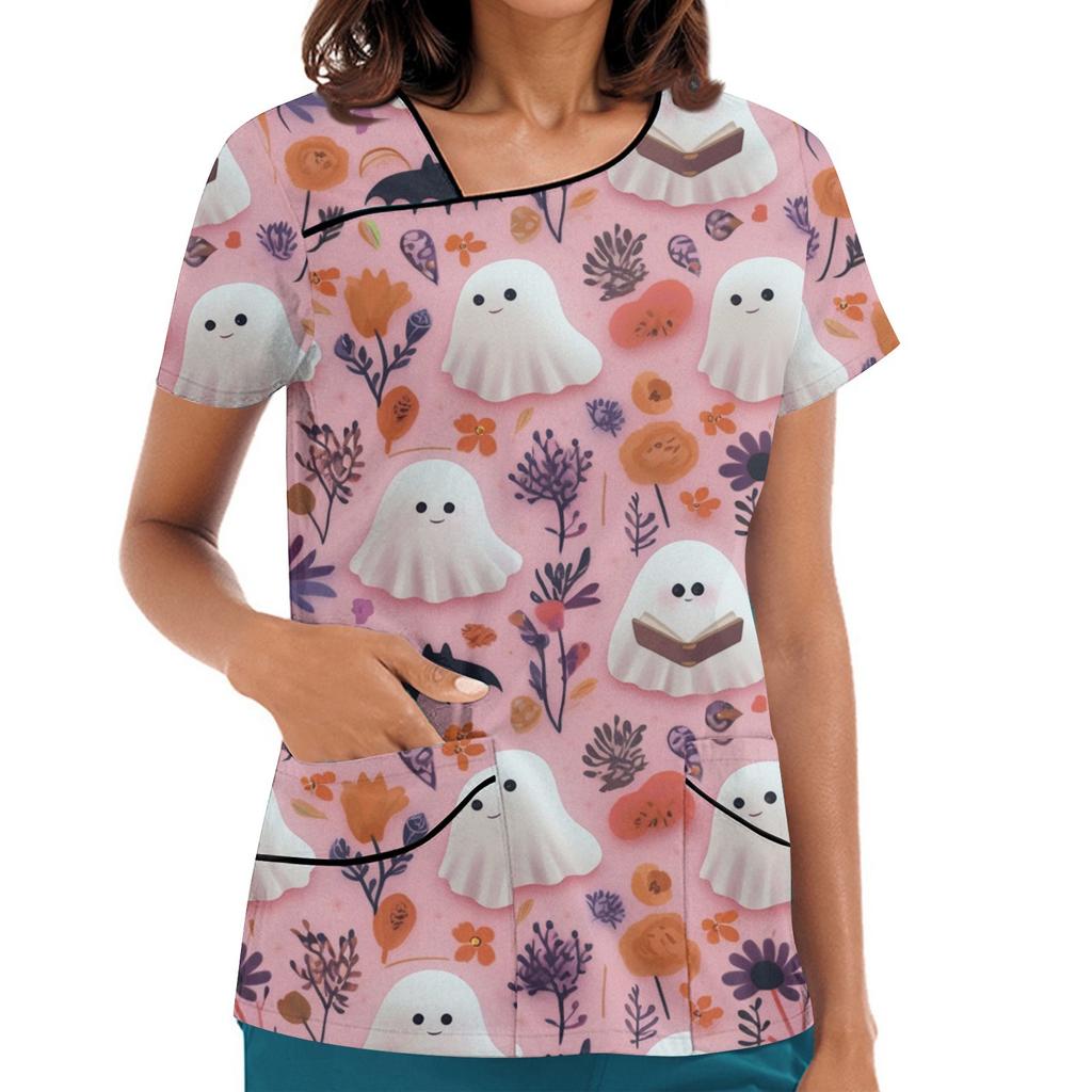 Dámské potištěné pracovní oblečení, šikmý límec a dvojité kapsy, základní top pulovr