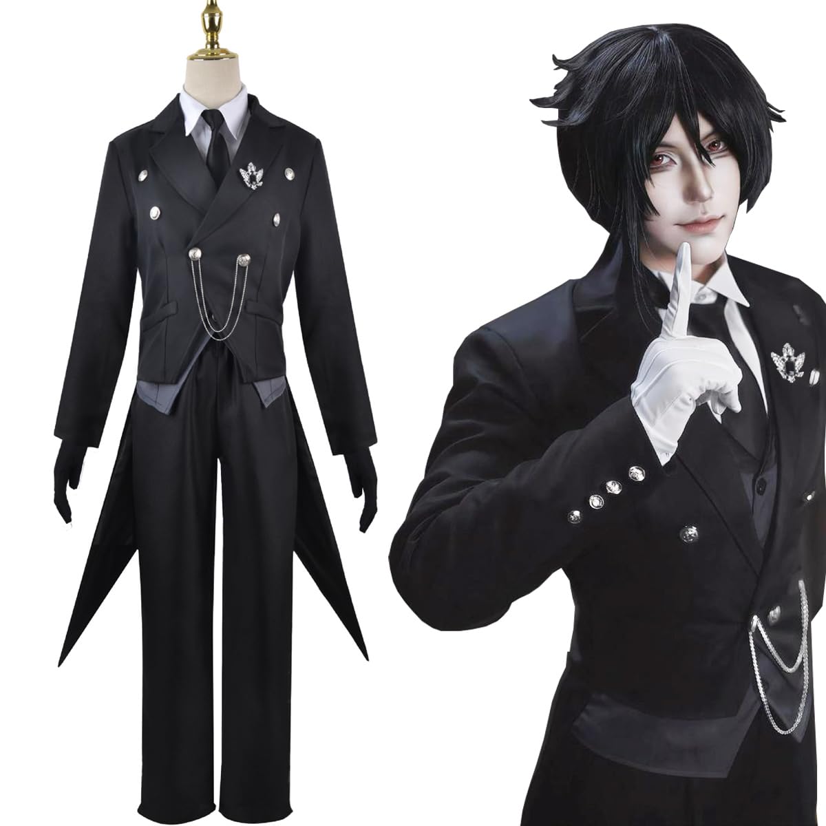 [NIUKACOS] Black Butler Sebastian Cosplay Costume - Butler Outfit, Tailcoat, Shirt, Vest, Pants, Tie, Brooch - Anime Costume, Manga Cosplay, Adult Siz