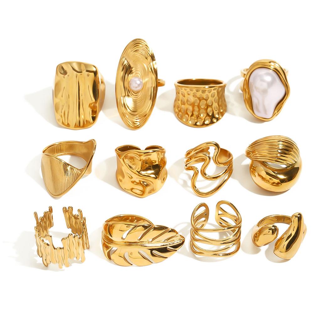 Uworld Fashion Pearl Leaf Ring Stacked Texture Strip Gold Color Adjustable Ring Women's Jewelry Gift For Her