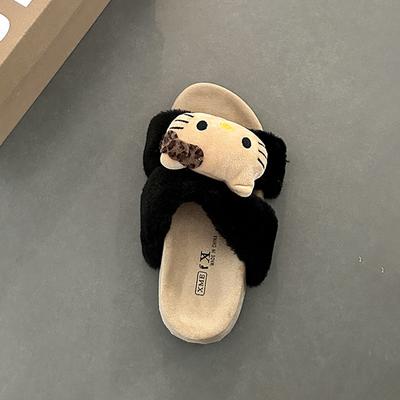 Cute Cartoon Hello Kitty Fluffy Shoes for Women's 2025 Autumn and Winter New Outer Wear Warm and Velvet Thick-soled One-word Cotton Slippers