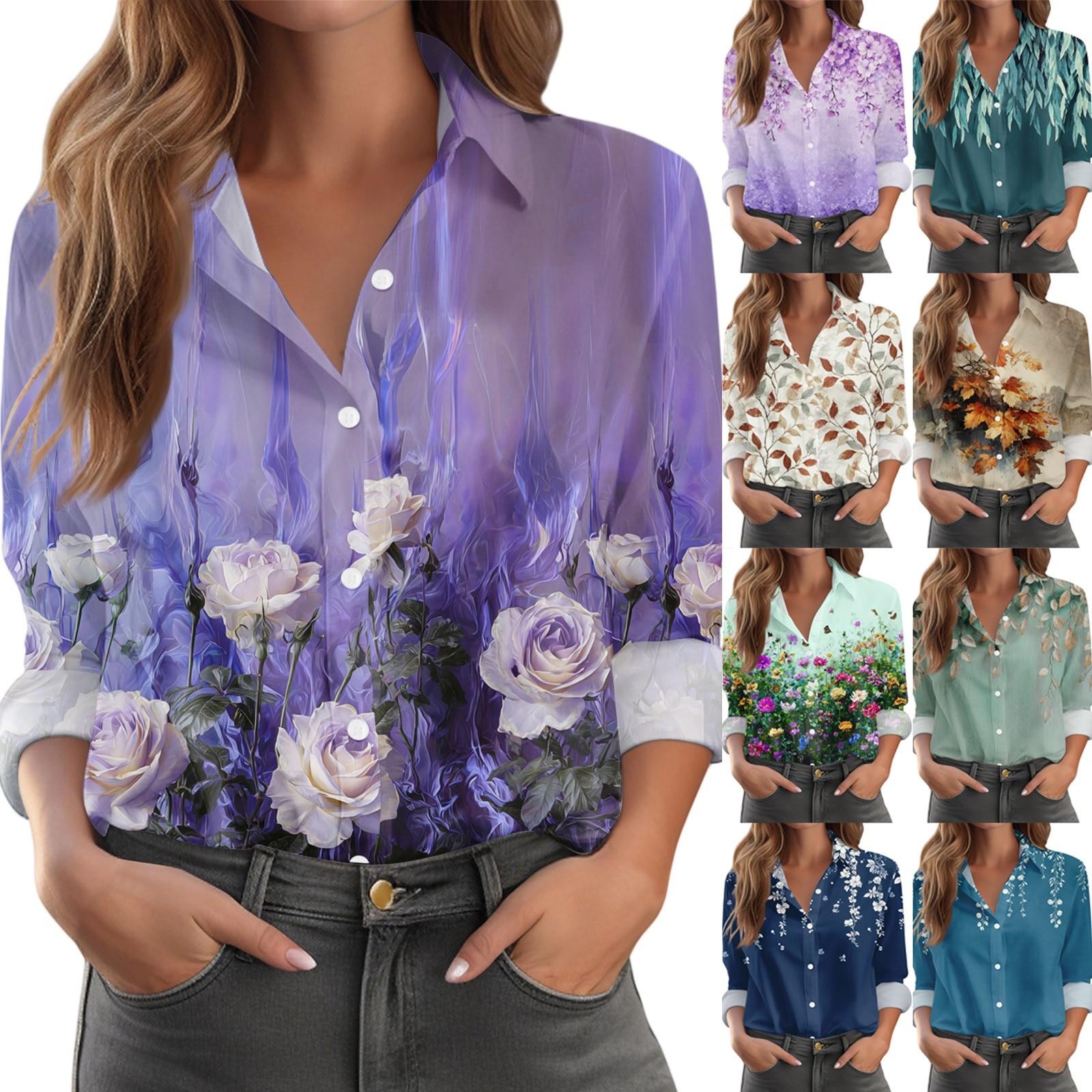 

Women s Shirt With Floral Print Buttons, Long Sleeved Casual Regular Shirt Blouses Casual Plus Size Basic Tops L армія зелений колір