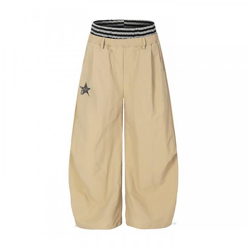 Womens Loose Wide-Leg Cargo Pants With Star Embroidery Elastic Waist Quick-Dry Lightweight
