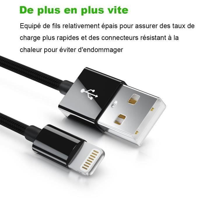 Câble USB - Non spécifié - Lot de 3 - 2M - Nylon Noir - Compatible avec iPhone