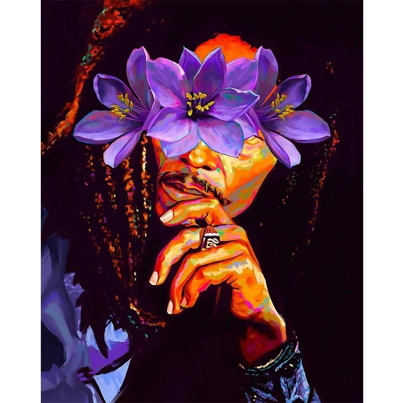 Famous Rapper Star Portrait with Flowers Canvas Painting Hip Hop Singers Abstract Art Posters Prints Wall Art Picture Home Decor