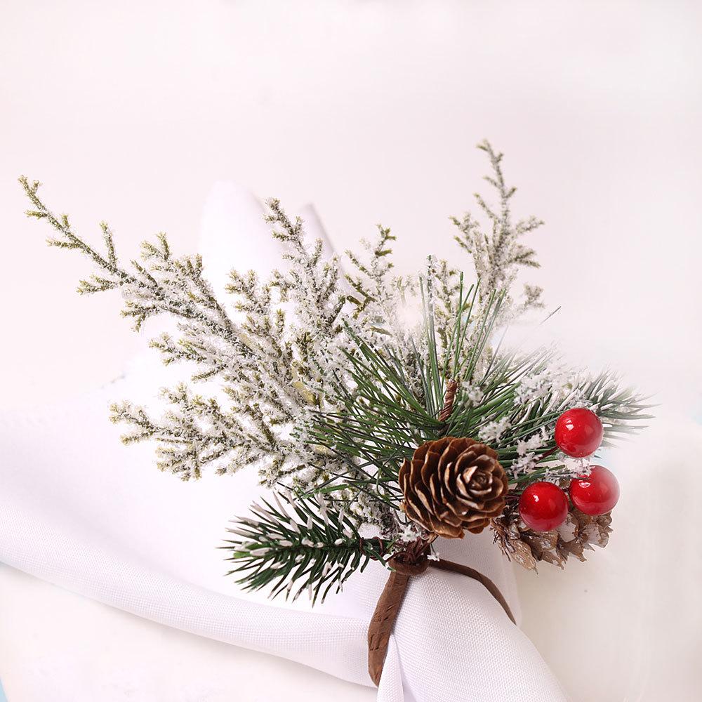 3pcs/6pcs Christmas Bouquet Napkins Ring Western Restaurant Table Napkins Buckle Simulation Pine Cone Berries