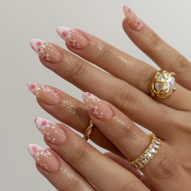 24Pcs French Almond False Nails Pink Stiletto Press On Nails With White Edge Design And Glue Simple Wearable Nail Tips