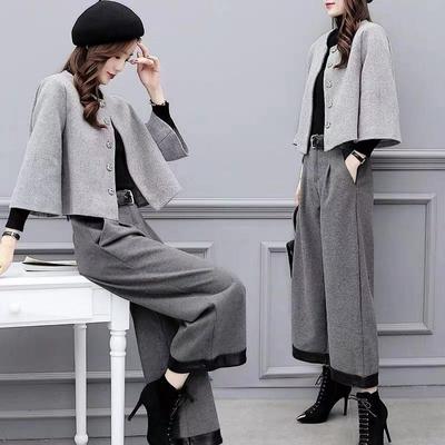 Herbst Winter Woolen Zwei Stück Sets Outfits Frauen Plus Größe Kurzen Mantel und Breite Bein Hosen Anzüge Elegante Büro koreanische Sets