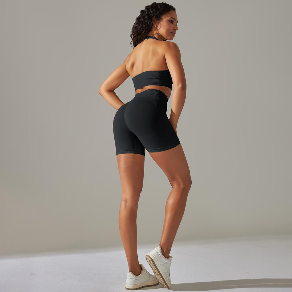 Seamless Knitted Back High Elasticity Sports Bra Yoga Set Running Fitness Shorts Two Piece Set For Women