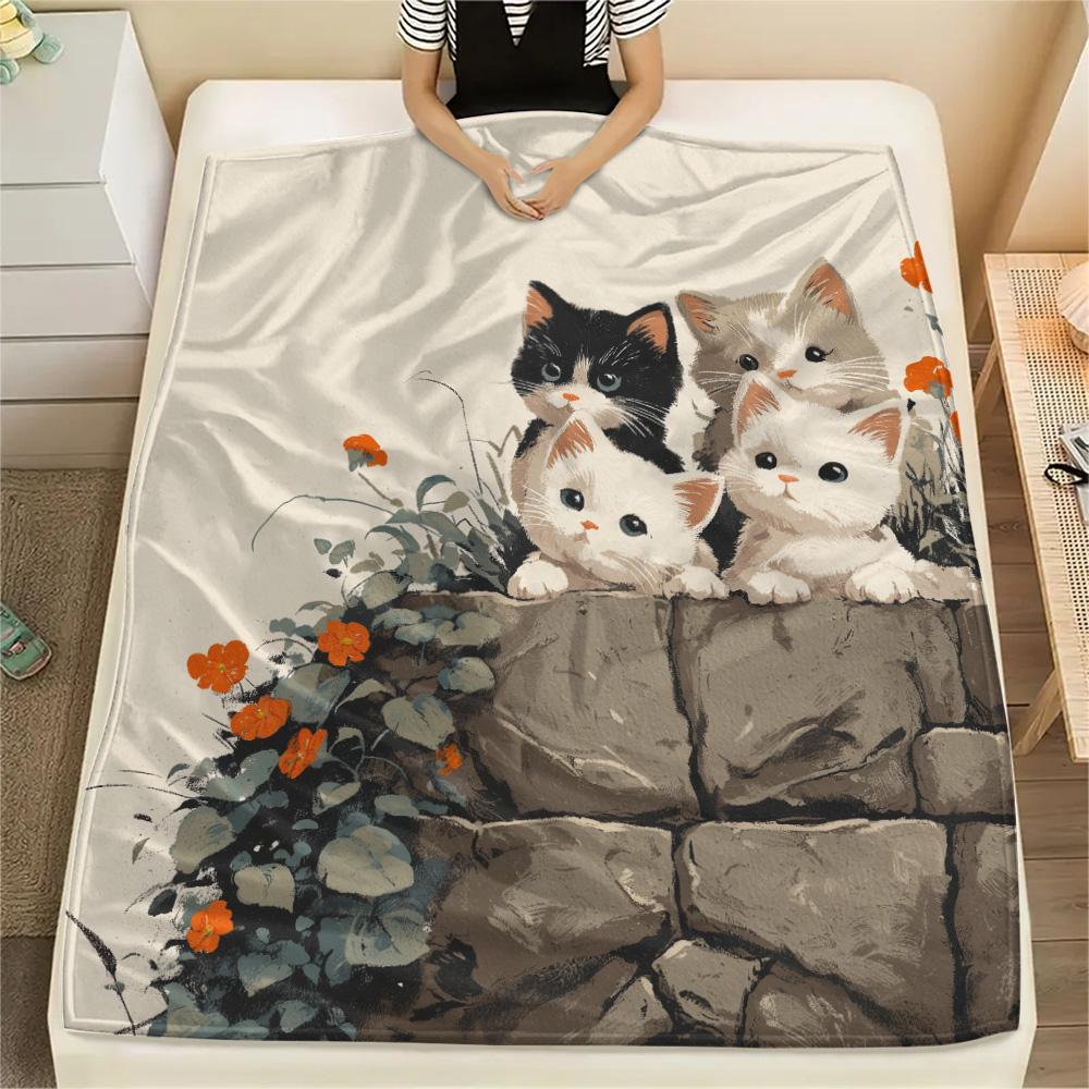 Peeking Cats Print Flannel Blanket, High quality Comfortable for All Seasons, Home Decor, Warmth and Comfort
