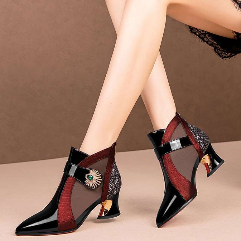 High Quality Rhinestone Women's High Heels Fashion Hollow Mesh Sandals New Soft Leather Pointed Toe Ankle Boots Botas Mujer 2025