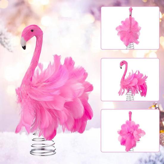 Flamingo Christmas Tree Topper Decoration Pink Artificial Feather Bird Decor with Clip/Spring Indoor Outdoor Garden Holiday Party Ornament
