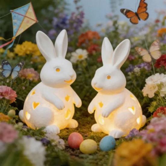 Easter Rabbit Candle Holder White Hollow-Out Bunny Tealight Holder Resin Rabbit Sculpture Candlestick Ornament with LED Candle for Home Mantel